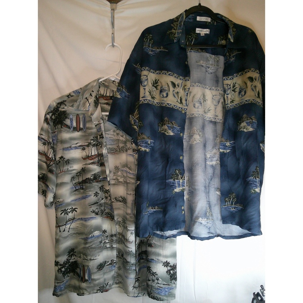 Lot‎ of 2 Pierre Cardin Hawaiian Shirt Tropical Palm Tree Print Button Up Size L